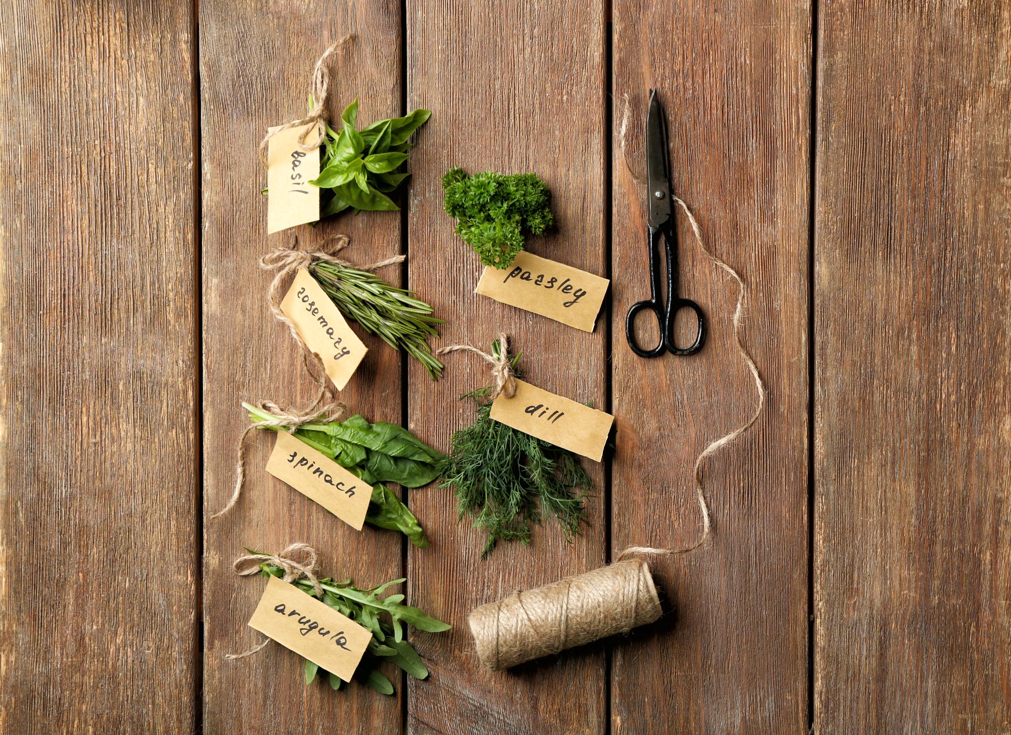 close-up of labeled ingredients arranged on kraft paper