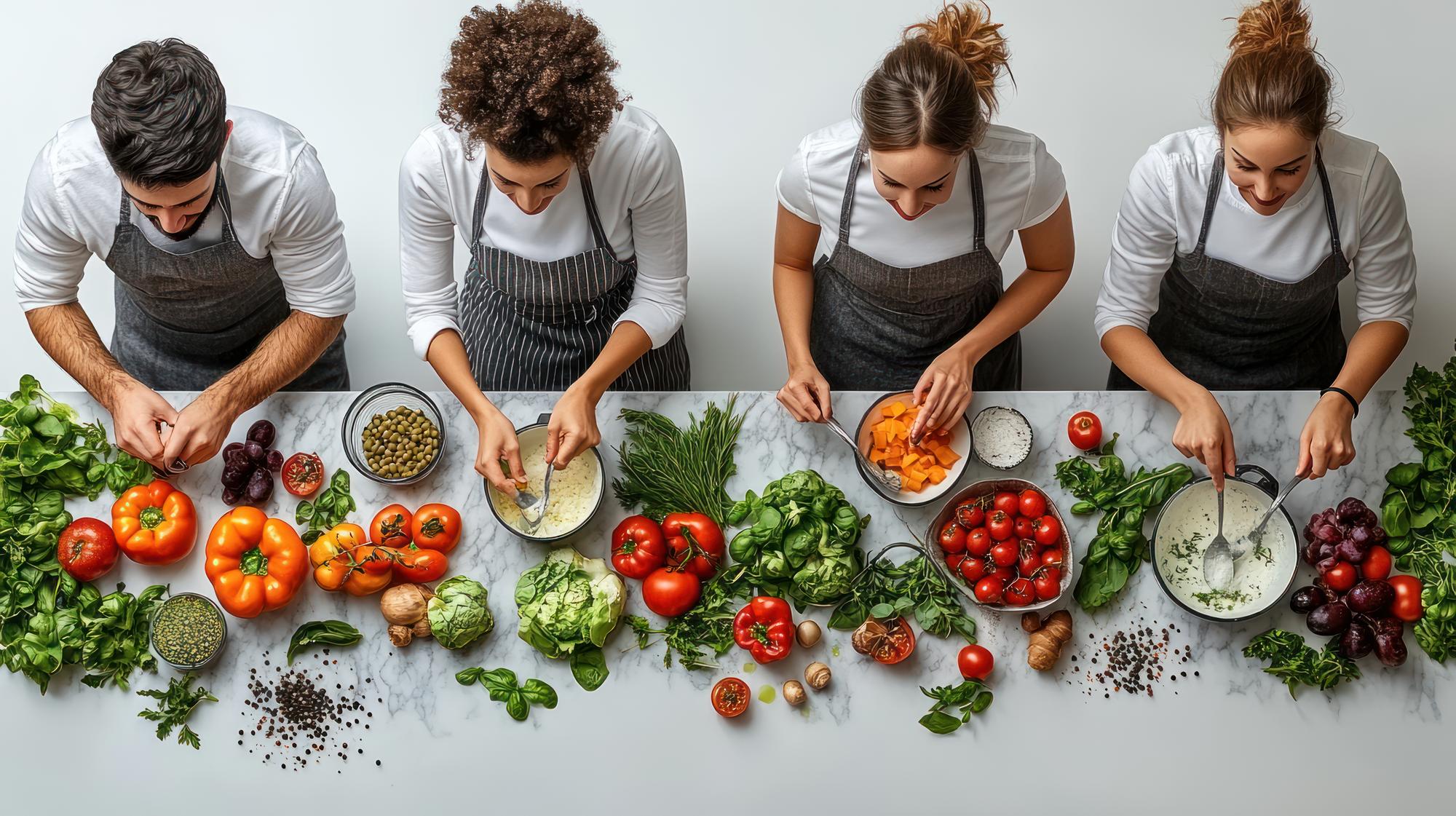 workshop table with participants chopping vegetables